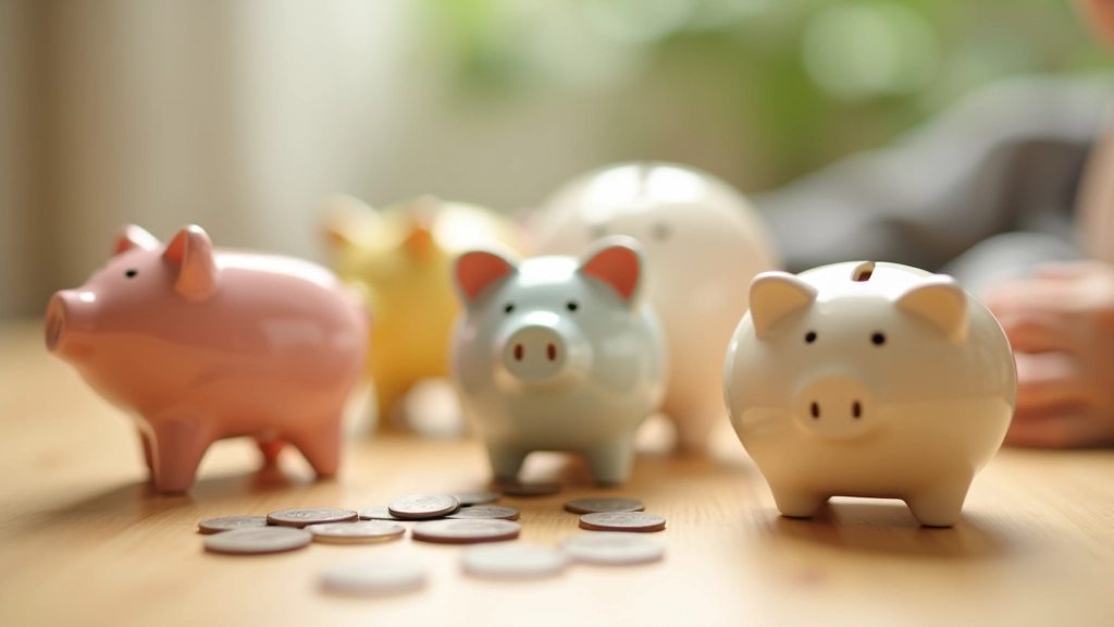 Colorful piggy banks and coins on a bright table with a child's hand reaching toward them