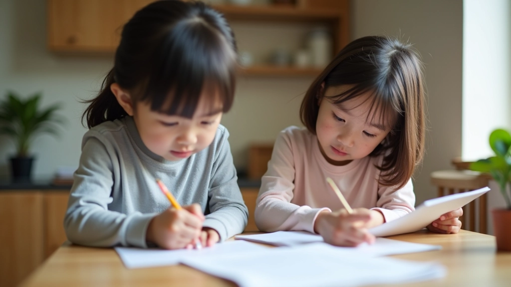 Child writing on a shopping list while parent reviews budget calculations in notebook at kitchen table
