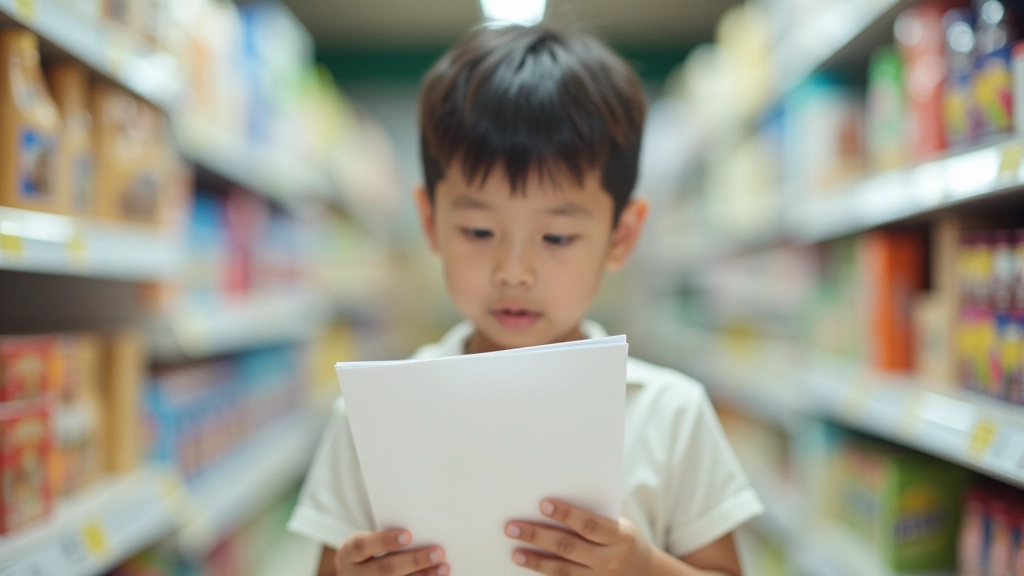 Child holding shopping list and looking at items on supermarket shelf, comparing list to products