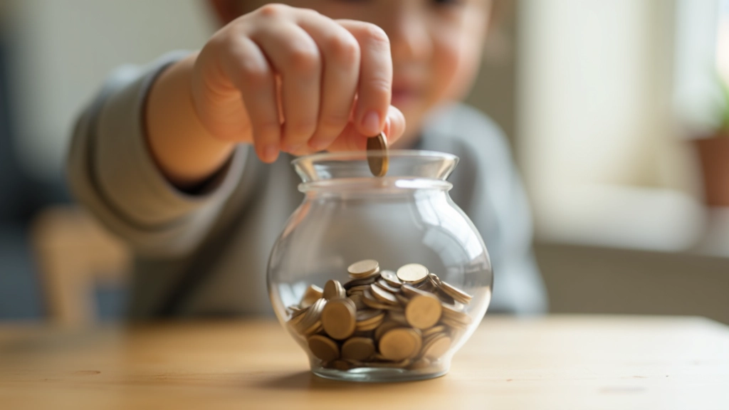 Child's hand placing a coin into a transparent piggy bank, showing accumulated savings inside