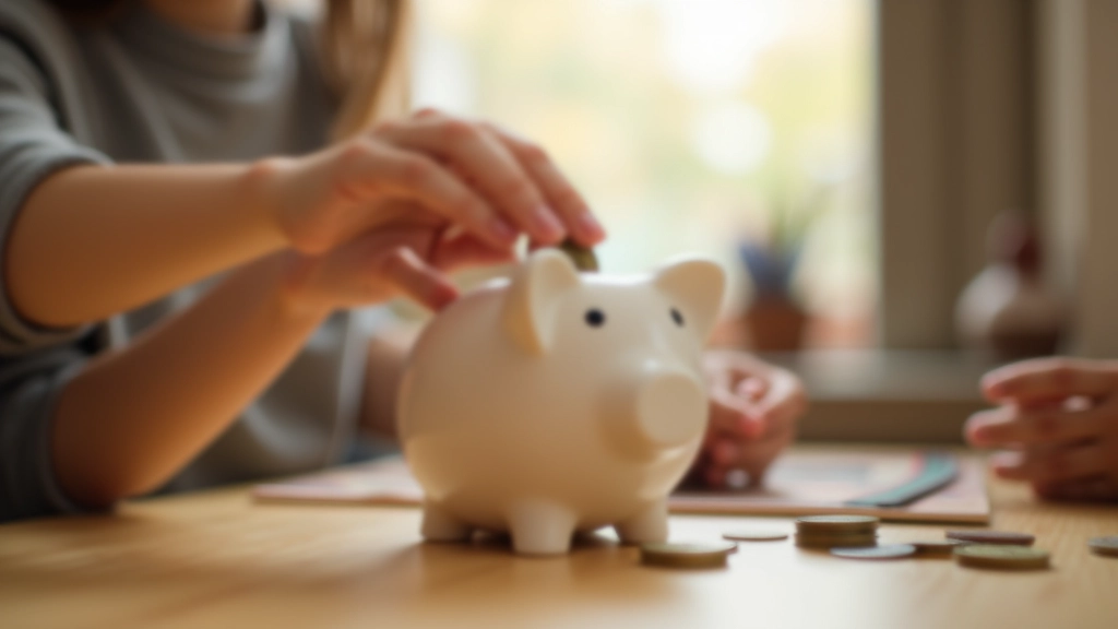 Child putting coins into a piggy bank with an adult watching and smiling supportively