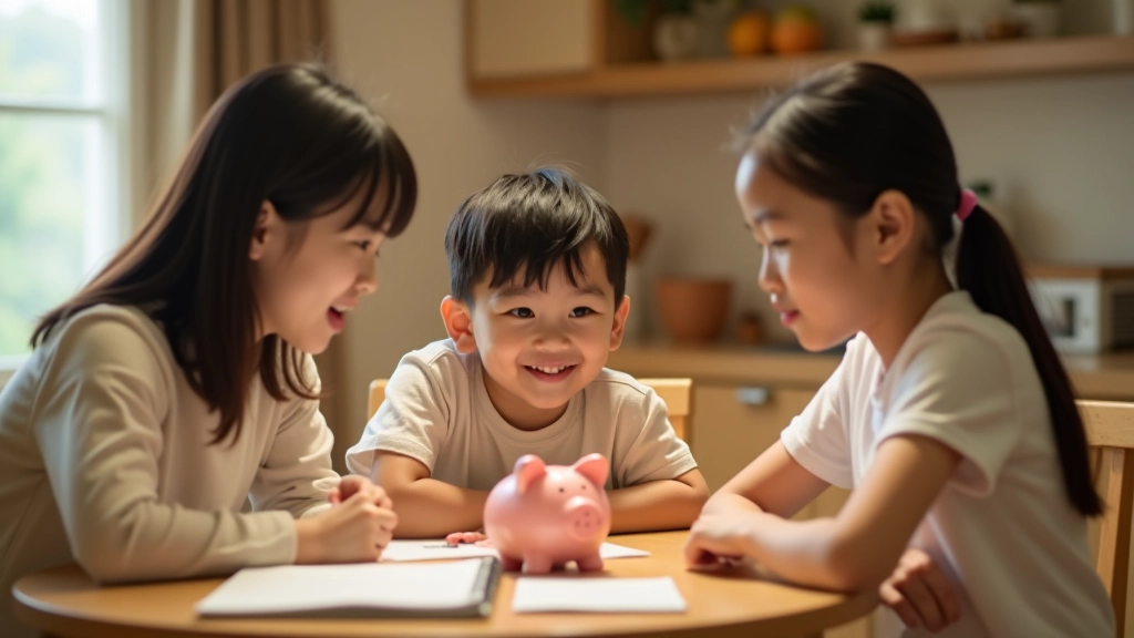 Family discussing pocket money and savings goals at home