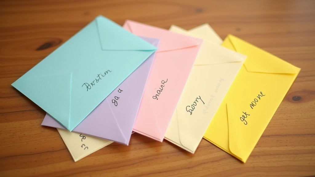 Five colorful labeled envelopes arranged on a wooden surface, each with hand-written savings goals and amounts