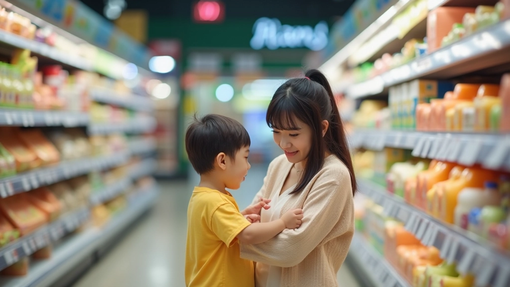 Mother and child discussing items in a supermarket aisle, examining labels and making choices