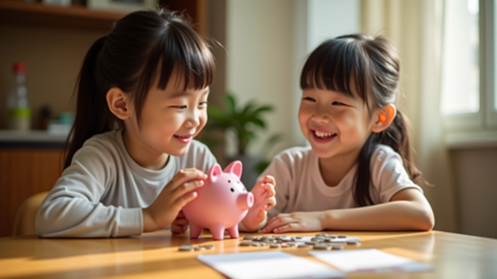Parent and child discussing money over piggy bank and savings envelope