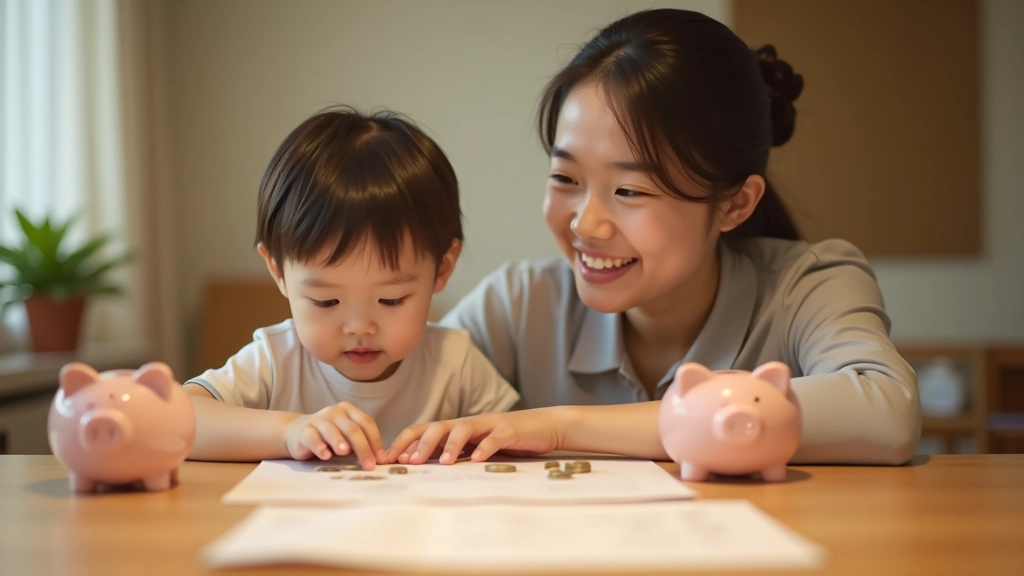 Parent and child discussing money management with piggy banks and coins on a table