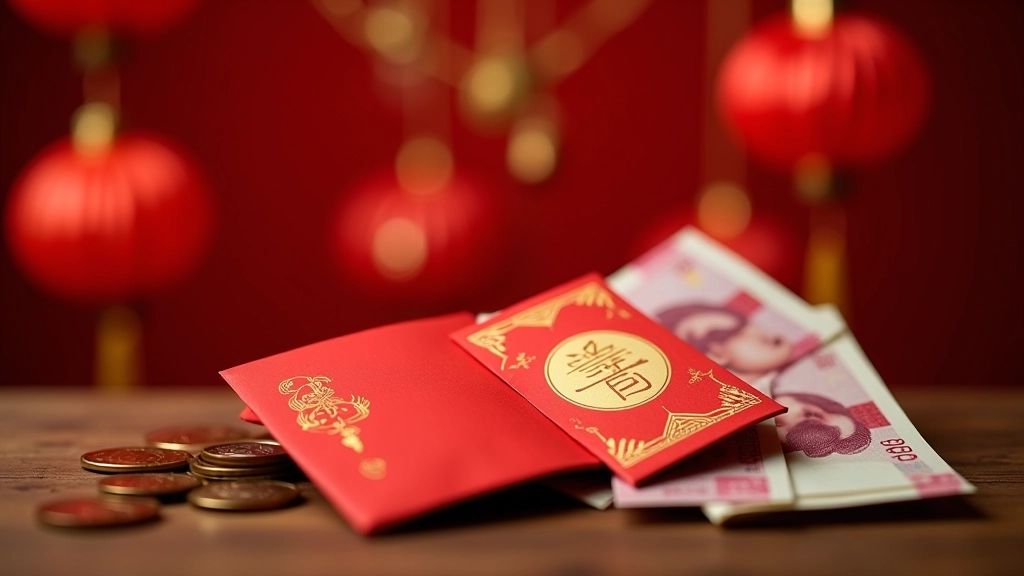 Red lai see packets arranged with coins and a calendar showing Chinese New Year dates